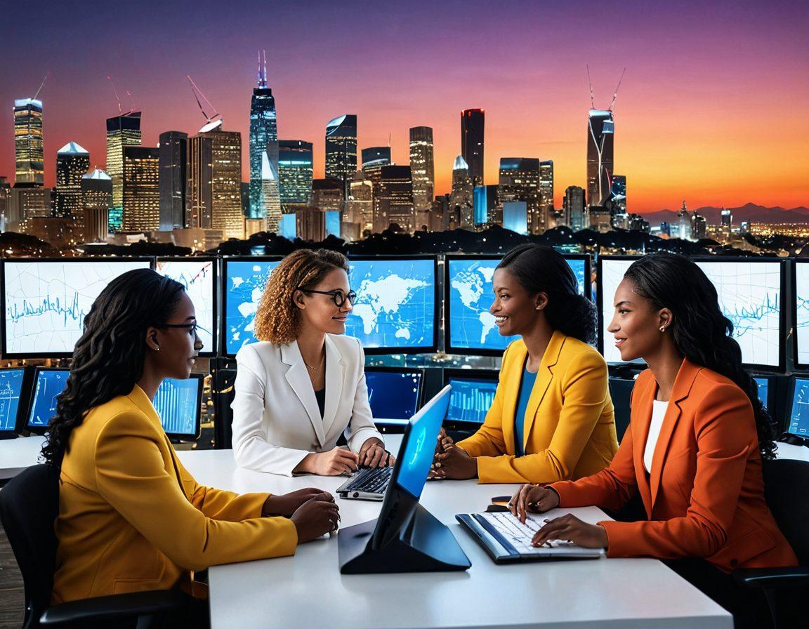 A dynamic scene showcasing diverse women confidently leading a telecommunications team, surrounded by modern technology like smartphones and satellite dishes. The backdrop features a bustling city skyline at sunset, symbolizing progress and innovation. Women of various ethnicities engaged in discussions, with graphs and digital screens displaying connectivity data. Emphasize empowerment and collaboration. super-realistic. vibrant colors. modern style.