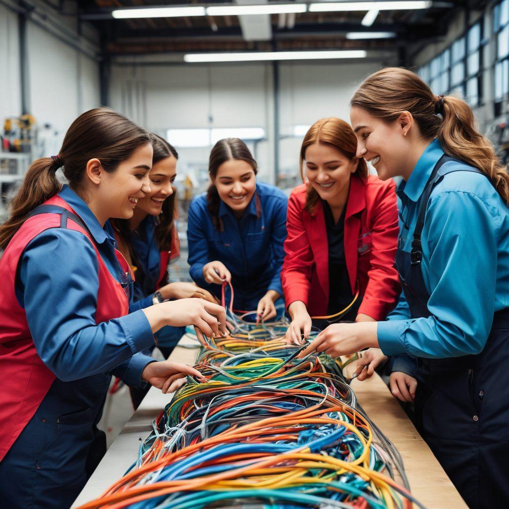 A diverse group of women confidently working together on a telecommunications installation, cheerfully managing colorful cables and tools in a lively workshop filled with modern technology. Bright smiles and teamwork radiate empowerment, while showcasing intricate cable organization techniques in a vibrant environment. super-realistic. vibrant colors. modern industrial style.