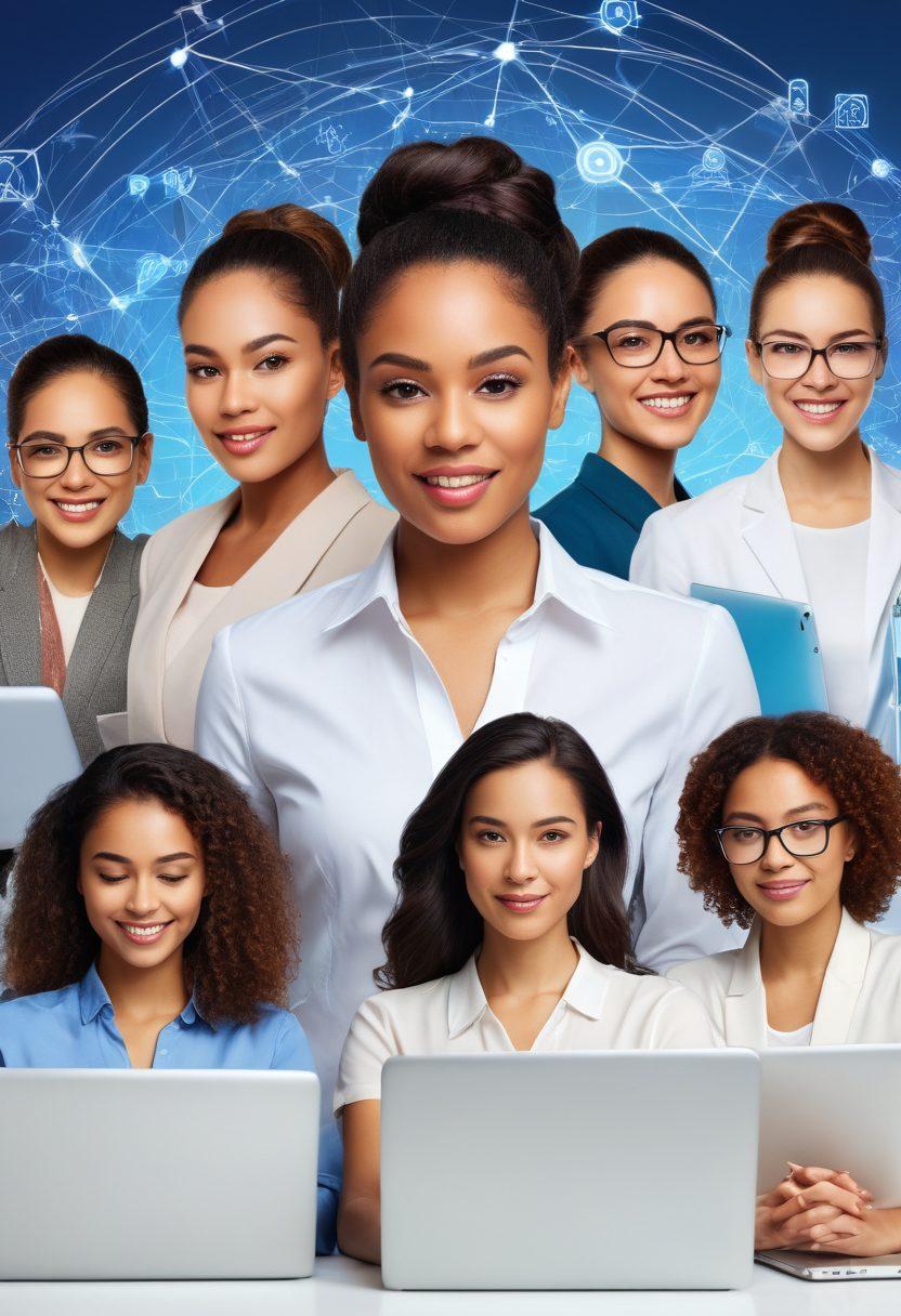A vibrant collage of diverse women engaged in networking activities, featuring a variety of cultural backgrounds and professions, surrounded by digital tools like laptops and smartphones. Showcase them in a bright, uplifting environment with elements of connection, like glowing lines or network symbols between them. The scene should radiate empowerment and community spirit. super-realistic. vibrant colors. white background.
